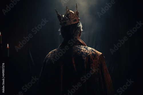 King in ritual attire and wearing a crown in dark room,  