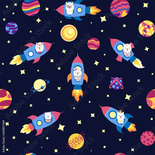Seamless pattern with lama in a rocket, in space. Lama travels, adventures among the stars. Cute pattern with alpaca