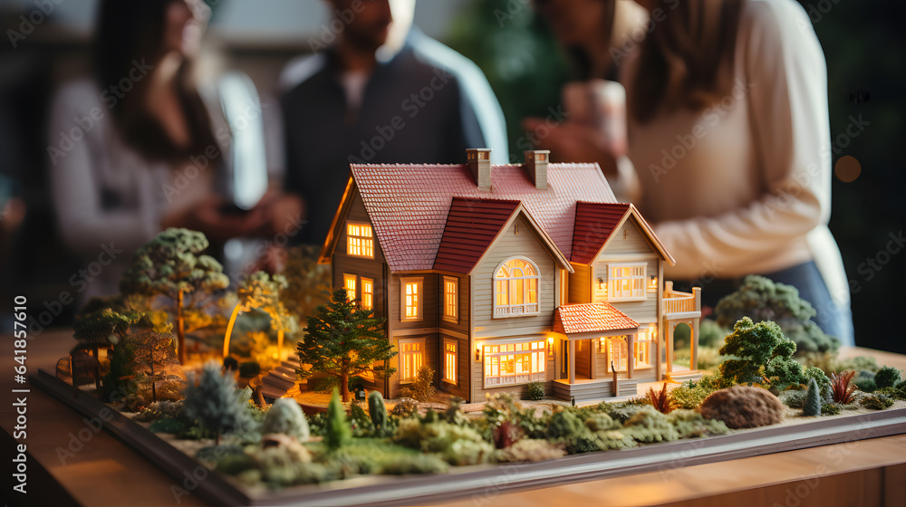 House model with real estate agent and customer discussing for contract to buy house, insurance or loan real estate,real estate concept.
