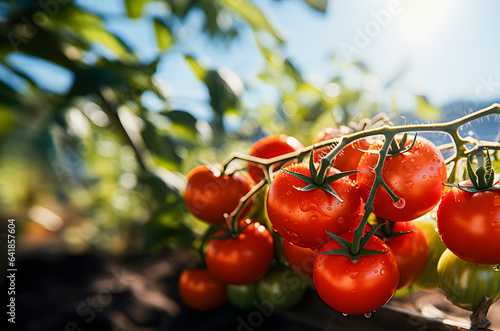 Tomatoes on the branch of a tomato plant. Healthy and organic food. Vegan day world. Generative ai