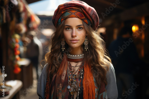 Cultural Immersion. Traveler wearing traditional clothing in a local market, showcasing the desire to go everywhere and experience diverse cultures. Generative Ai.