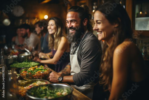 Supportive Community. Group of friends in a cooking class, promoting the social element of being healthy. Generative Ai.