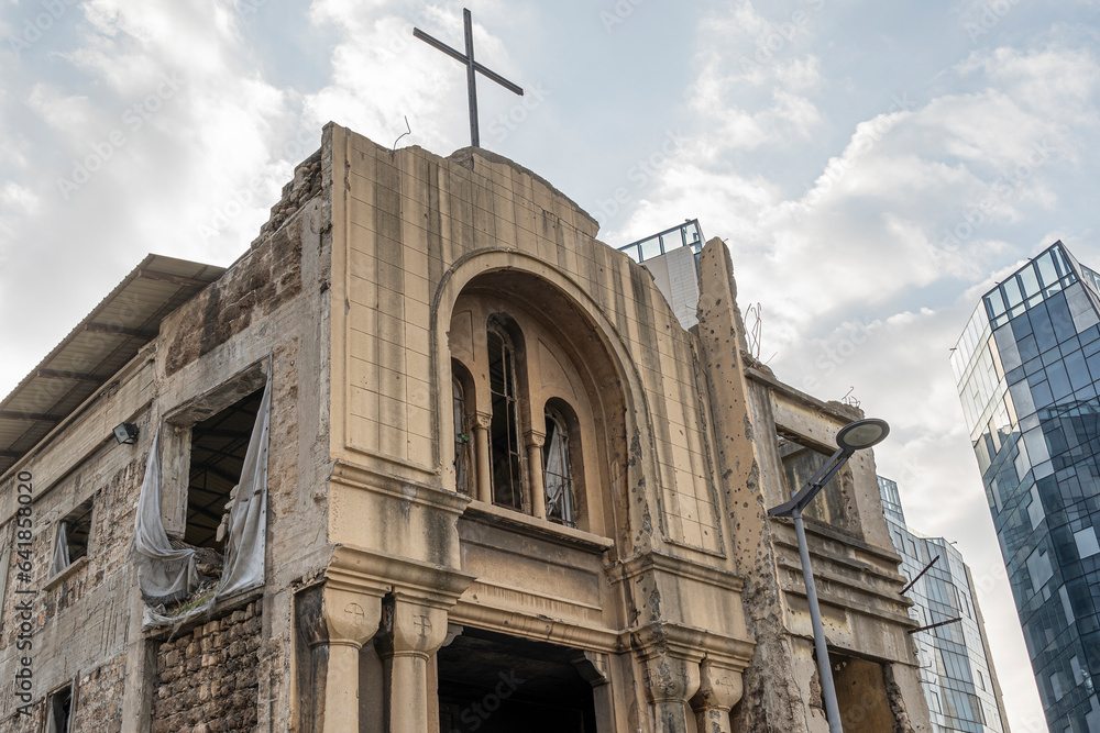 Obraz premium The bombed-out shell of St. Vincent de Paul church, Beirut, Lebanon