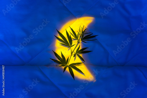 Night blue background with moon reflection, cannabis branch photo