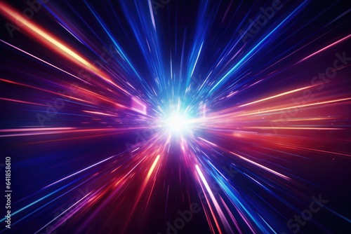Creative cosmic hyper jump into another galaxy. Neon glowing rays in motion. Space travel concept. Generative AI