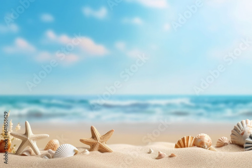 Sandy beach with collections of seashells and starfish as natural textured background. Generative AI