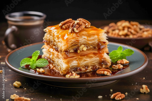 Baklava, a sweet pastry made from layers of filo dough, nuts, and honey, originating from Greece and Turkey
