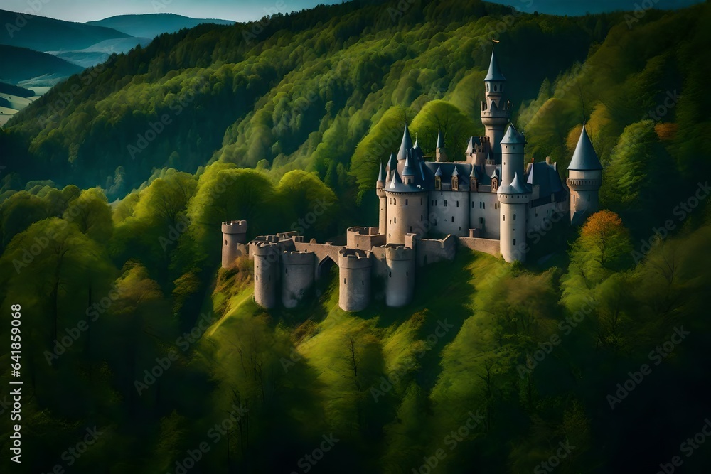 Enchanting castle nestled amidst rolling hills and a magical forest - AI Generative