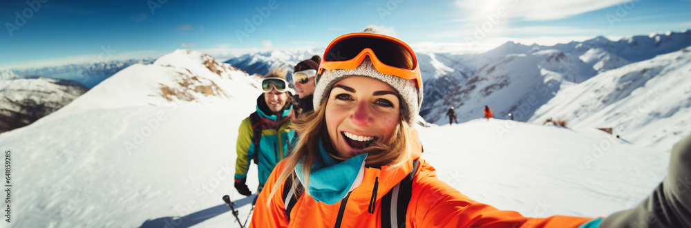 Winter sport happy young woman selfie portrait on snow mountains landscape Winter sport happy young woman selfie portrait on snow mountains landscape