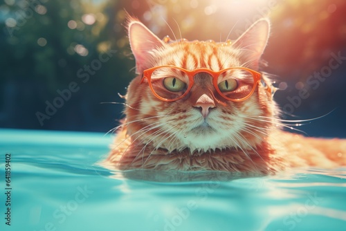 Orange cat with sunglasses lying in colorful swimming pool 