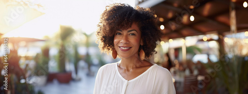 Lifestyle portrait of black woman standing outside restaurant bar patio on summer evening