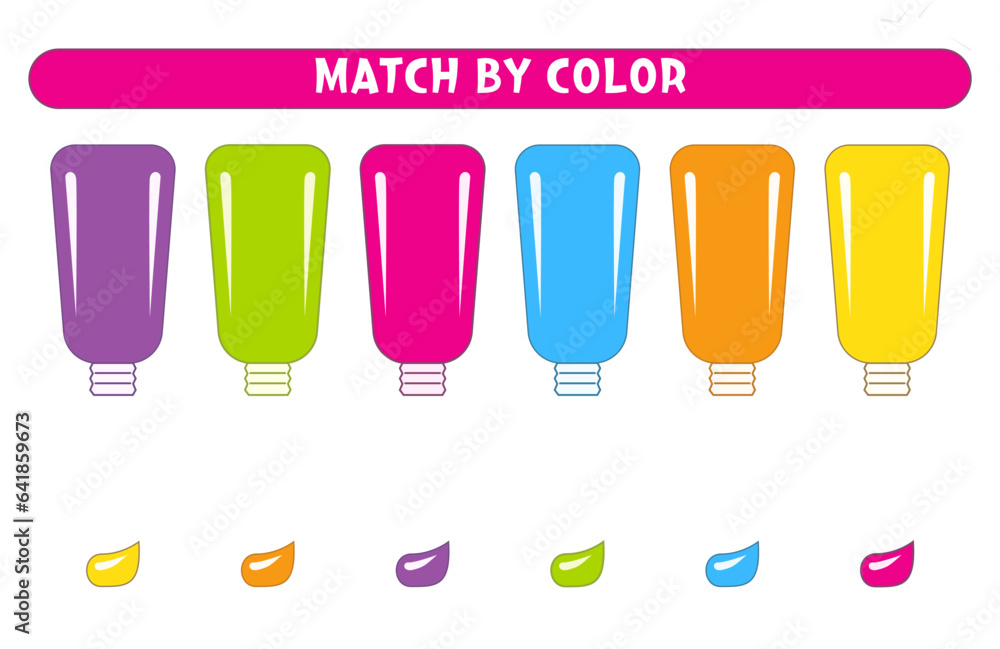 Match tubes of paint and paint by color. Educational game. Worksheets for kids Match tubes of paint and paint by color. Educational game. Worksheets for kids