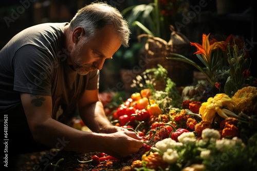 Garden Harvest. Gardener picking fresh produce from their garden, illustrating the connection to nature to be healthy. Generative Ai. © Sebastian