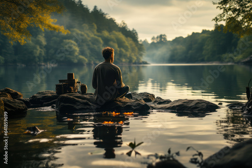 Mindful Meditation. Individual meditating by a calm lake, showcasing the mental well-being aspect of being healthy. Generative Ai.