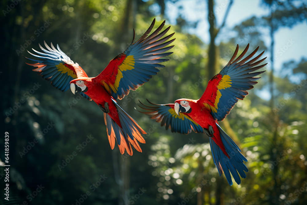 Two Scarlet Macaws Come in To Land in a Remote Amazon  Location - obrazy, fototapety, plakaty 