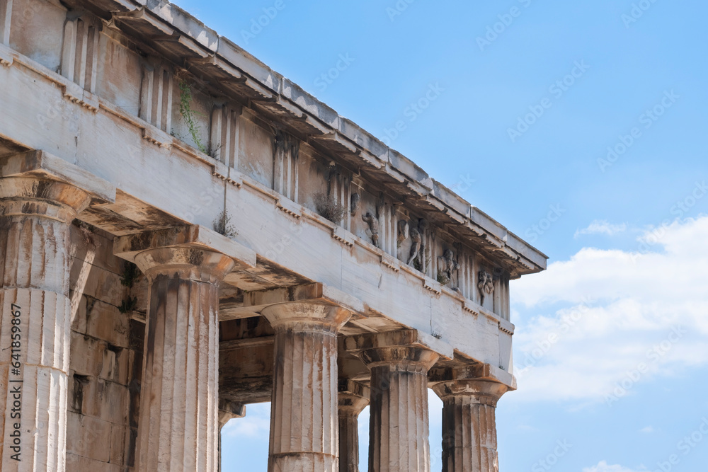 Old ruins detail of marble columns and buildings restored in Acropolis in Athens, Greece
