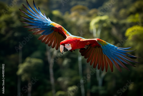 A Scarlet Macaw Swoops Over Dense Jungle