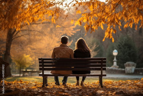 Date in Autumn Park, a Couple Sitting Together on a Bench, Back View