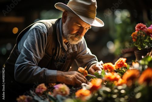 Nurturing Passions. Senior gardener tending to a colorful flower bed, showcasing the dedication to hobbies in senior life. Generative Ai. © Sebastian