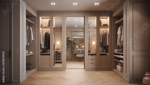 Closet with modern lighting wooden flooring , concept of Minimalist design 