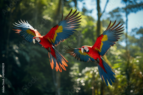 Two Scarlet Macaws Come in To Land in a Remote Amazon  Location © Jack