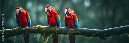 Three Scarlet Macaws Perch On a Branch to Take Refuge From The Rain Deep in the Amazon Rainforest  photo