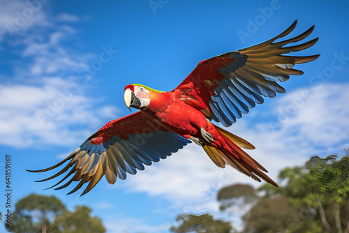 A Scarlet Macaw Spreads it’s Wing in Front of Clear Blue Sky Over the Jungle Canopy © Jack