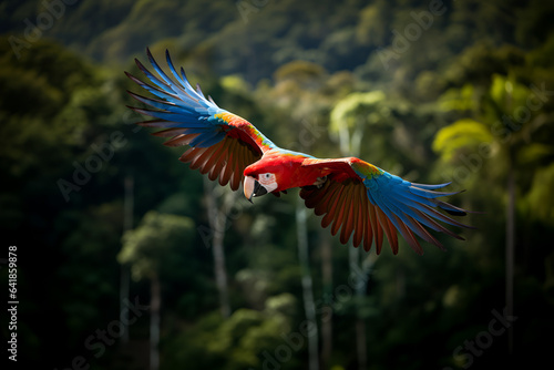 A Scarlet Macaw Soars Of the Amazon Rainforest 