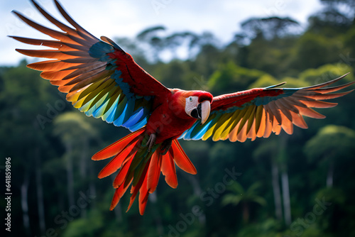 A Scarlet Macaw Spreads It’s Wings Over The Amazon Rainforest  © Jack