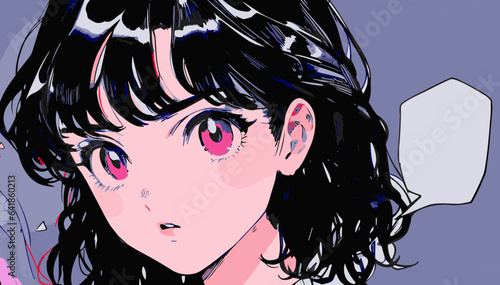 Dark-haired cool gothic anime woman with short haircut in neon colors. Manga comics style vector illustration.