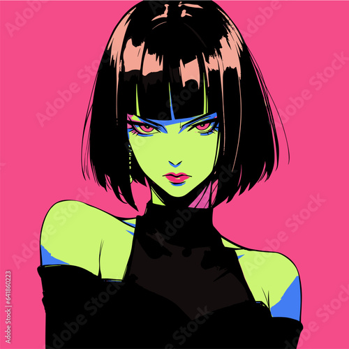 Dark-haired angry cool anime woman with short haircut. Retro comic book style vector illustration.