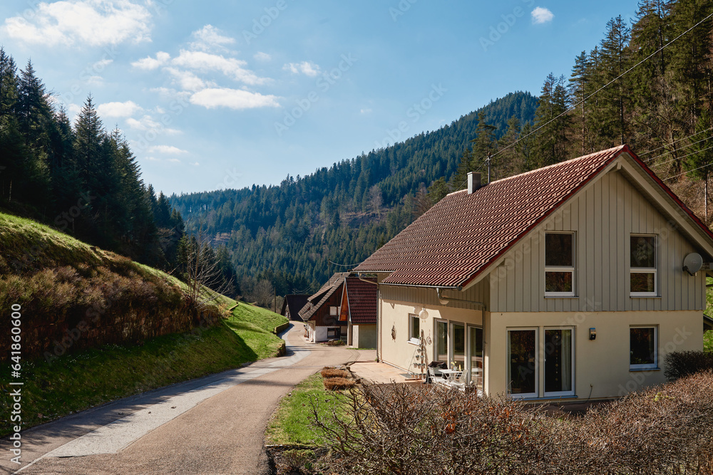 Mountain cottage in the Alps. Panoramic view of beautiful mountain landscape in the Bad Rippoldsau-Schapbach in the Black Forest, area near Burgbach Wasserfall, Baden-Wurttemberg, southern Germany.