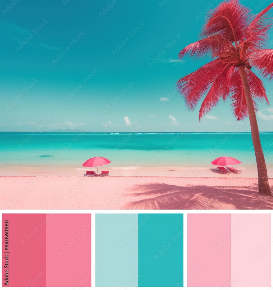 Colour palette of the world tropical blue pink and red 