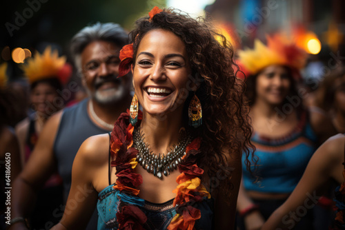 Cultural Fusion. People from diverse backgrounds mingling in a street festival embody the fusion of influences in My Latin America. Generative Ai.