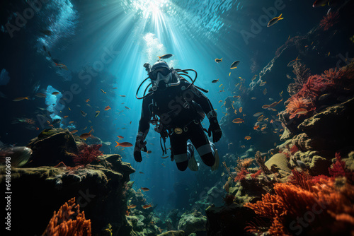 Ocean Explorations. Divers exploring vibrant coral reefs portray the underwater beauty of My Latin America. Generative Ai. © Sebastian