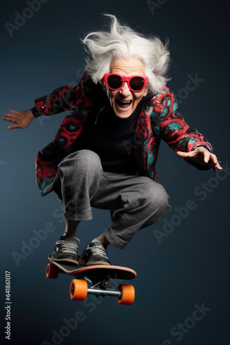 Funny elderly woman riding a skateboard. Generative AI