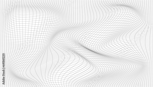 Distorted wave monochrome texture. dynamical rippled surface. Vector mesh grid pattern of lines