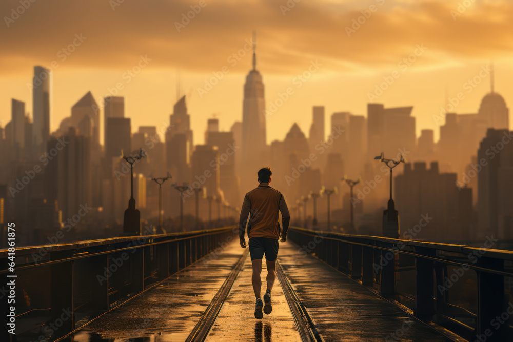Obraz premium Endless Passion. A marathoner crosses a city's skyline, representing the enduring love for running. Generative Ai.