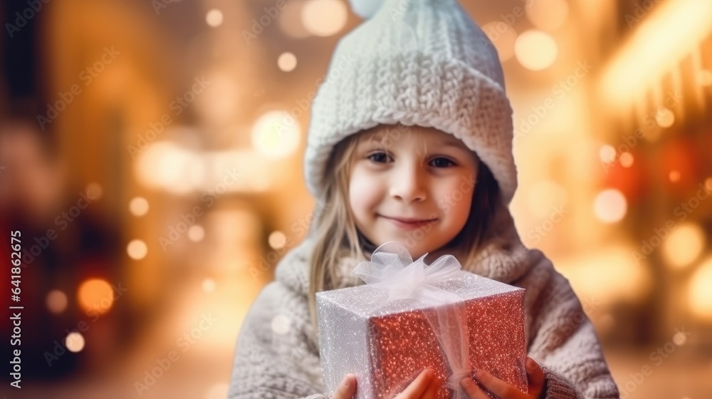 Little girl in winter clothes is holding a gift package with a bow, received for Christmas. Generative AI Little girl in winter clothes is holding a gift package with a bow, received for Christmas. Generative AI