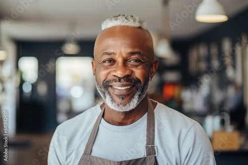 Fotografie, Obraz Smiling portrait of a middle aged african american male barber working in a barb
