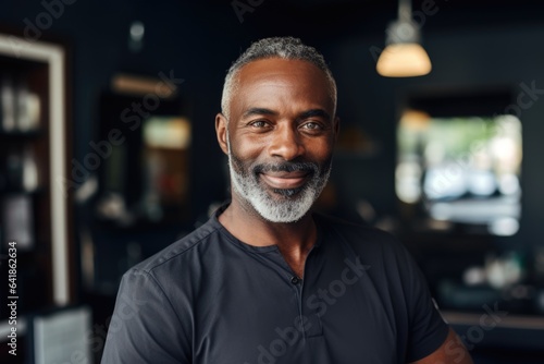 Smiling portrait of a middle aged african american male barber working in a barbershop