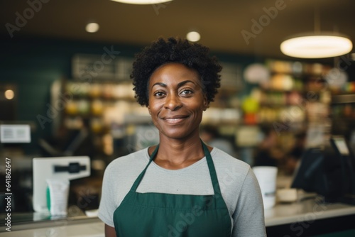 Smiling portrait of a middle aged african american woman working in a super market or grocery store