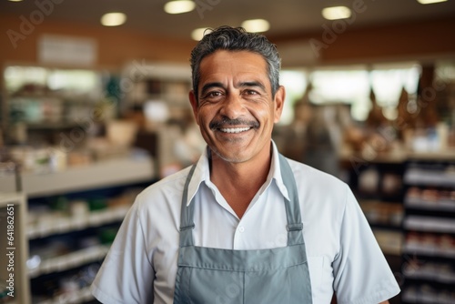 Portrait of a middle aged caucasian cashier or clerk working in a supermarket or grocery store