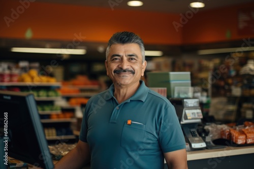 Portrait of a middle aged caucasian cashier or clerk working in a supermarket or grocery store