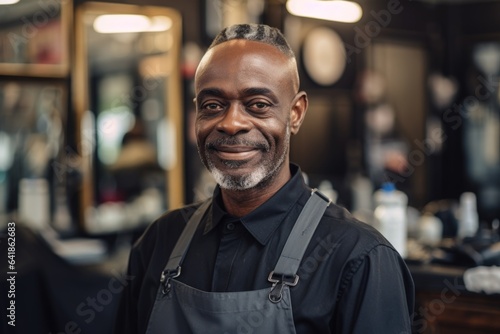 Smiling portrait of a middle aged african american male barber working in a barbershop