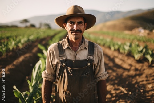 Portrait of a mexican farmer working on a farm in the countryside planting crops
