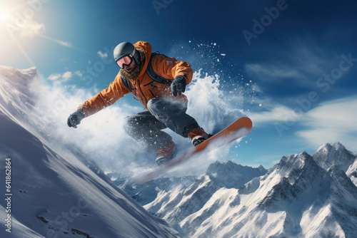 A snowboarder catches air off a jump in a terrain park, showcasing skill and style in a high-energy winter activity. Generative Ai.