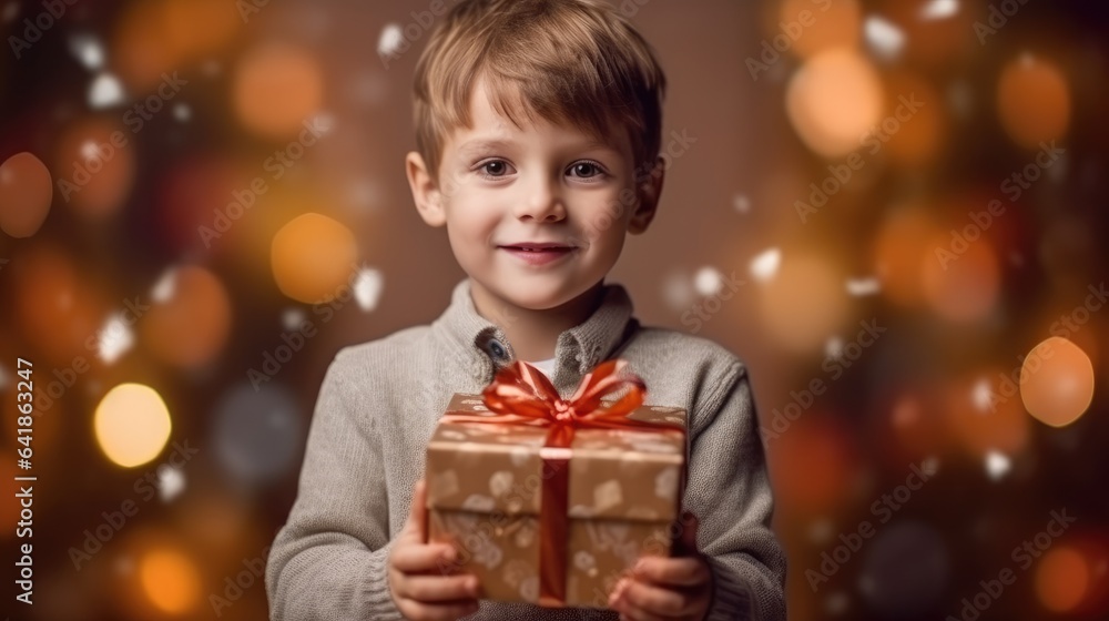 Little boy in winter clothes is holding a gift package with a bow, received for Christmas. Generative AI Little boy in winter clothes is holding a gift package with a bow, received for Christmas. Generative AI