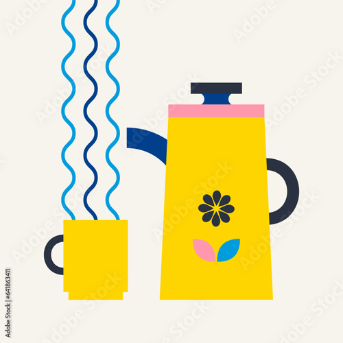 Vintage tea kettle, cup with hot steam. Teapot with warm drink, teacup, leaves, flower. Flat vector illustration isolated on white background. Cosy tea time concept.