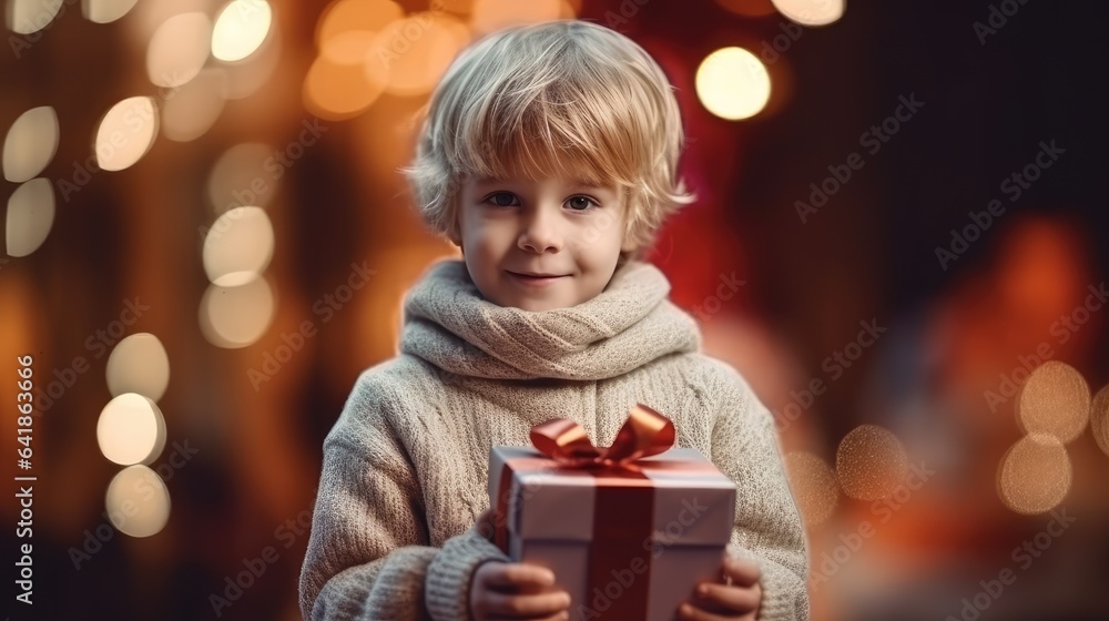 Little boy in winter clothes is holding a gift package with a bow, received for Christmas. Generative AI